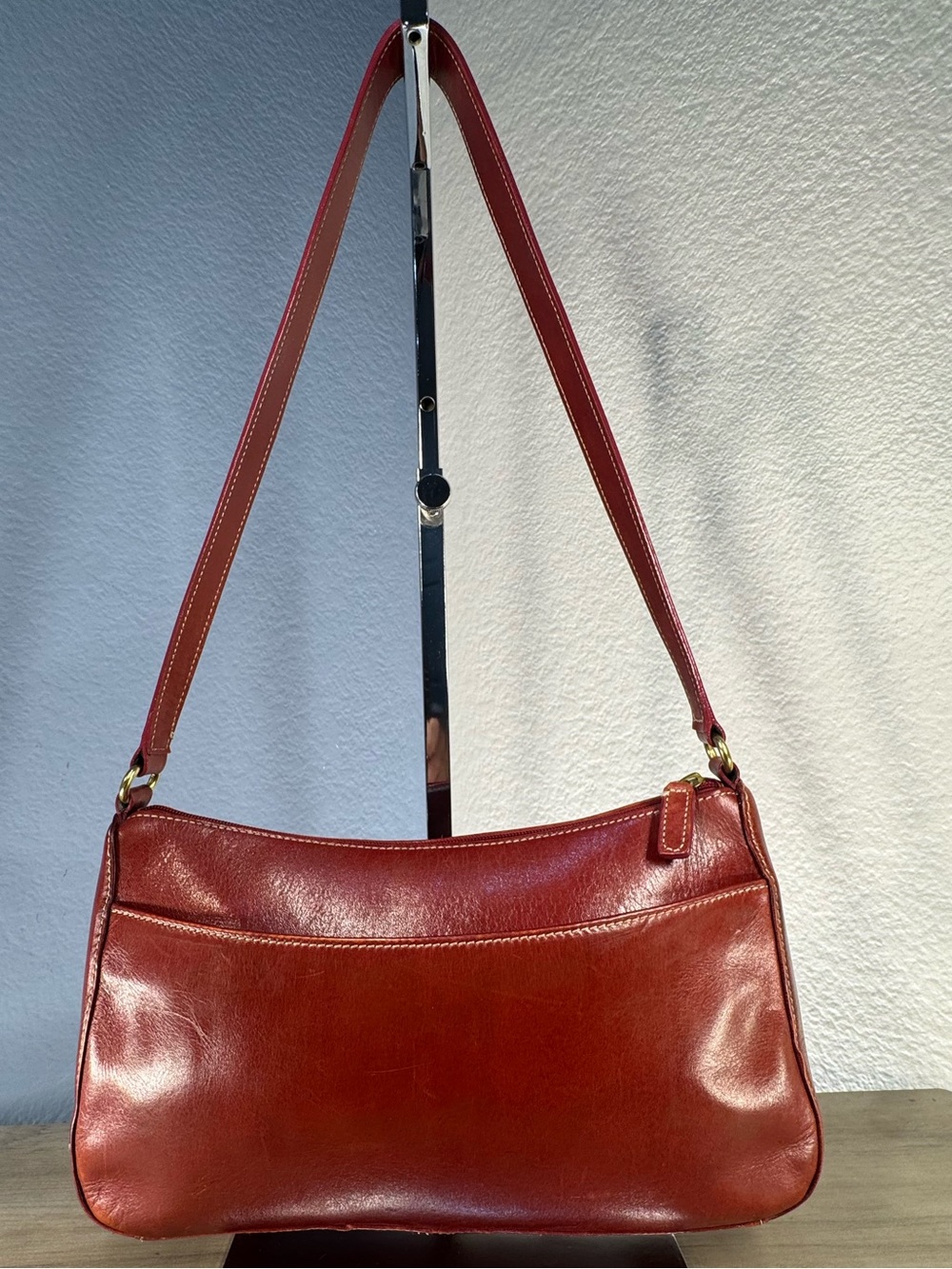 Vintage Mila Paoli Genuine Leather Shoulder Bag Brown Brass Buckle 90s